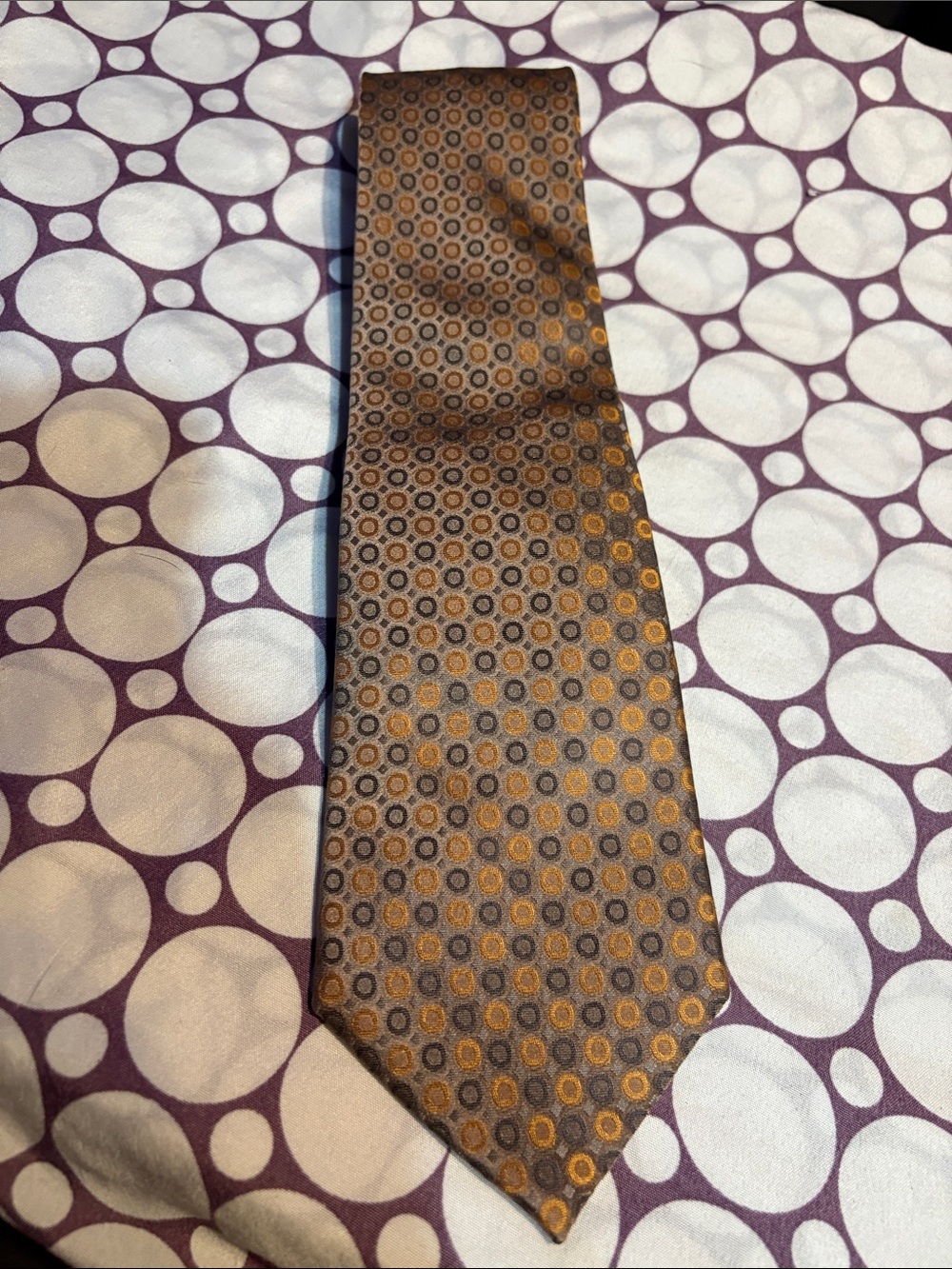 Men's Brown Tie with Orange Geometric Dot Pattern